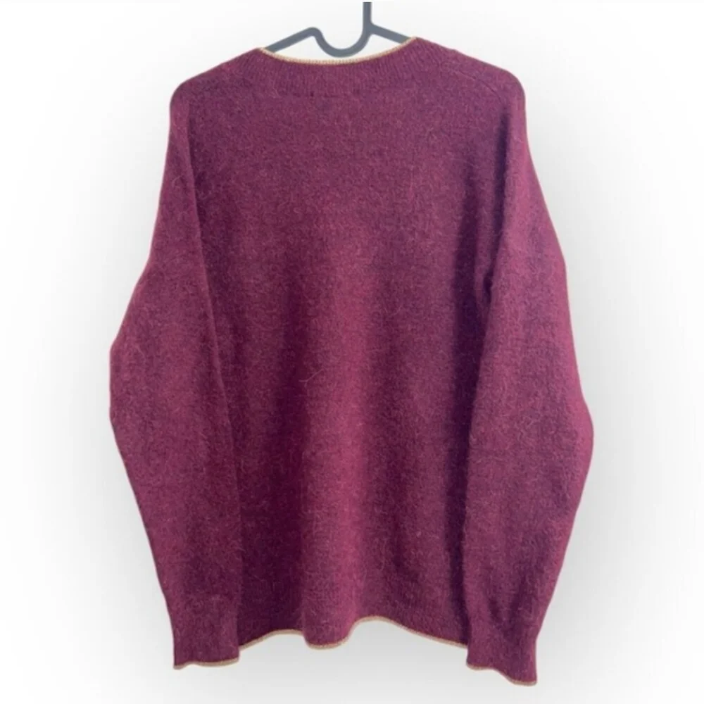 Massimo Dutti Preppy Burgundy Wool V neck Sweater oversized gold Metallic Trim M